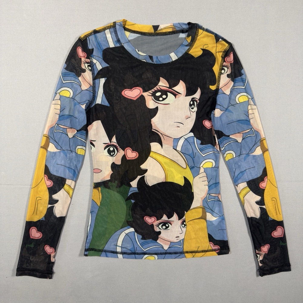 Run Hany Anime Mesh Top Womens Approx S Long Sleeve Sheer Graphic Y2K
